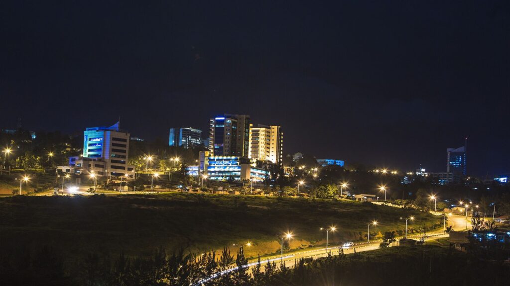 the beautiful kigali's night life in the city center at night.