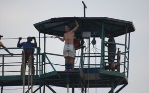 a visitor gets ready for bungee jumping in Jinja ta the Bungee jumping plat form